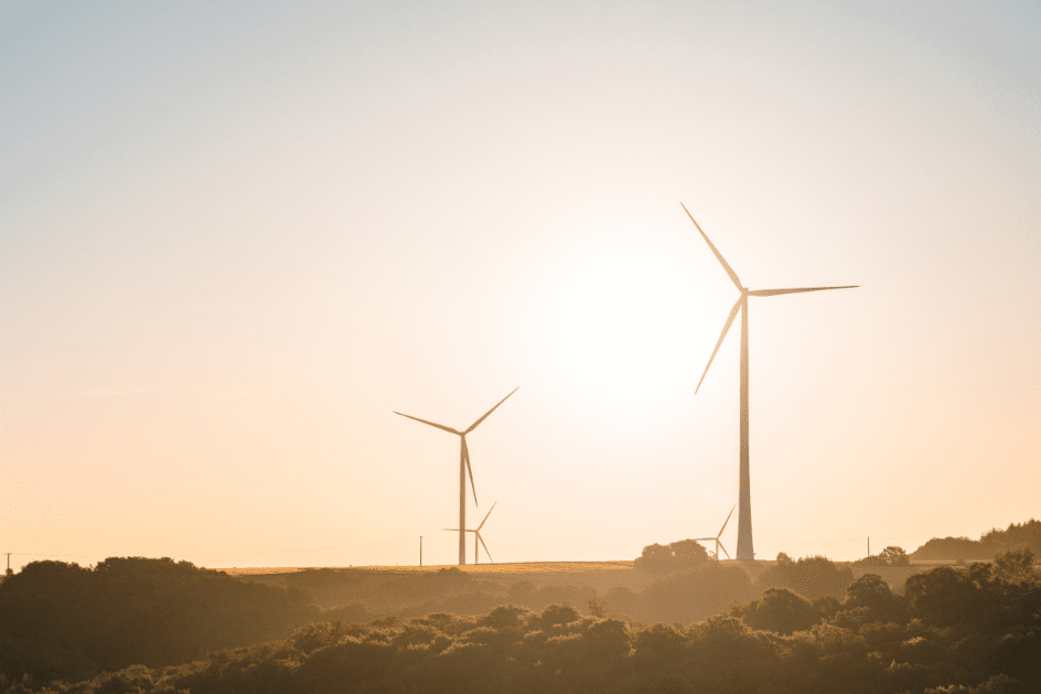 Wind power plant at sunrise