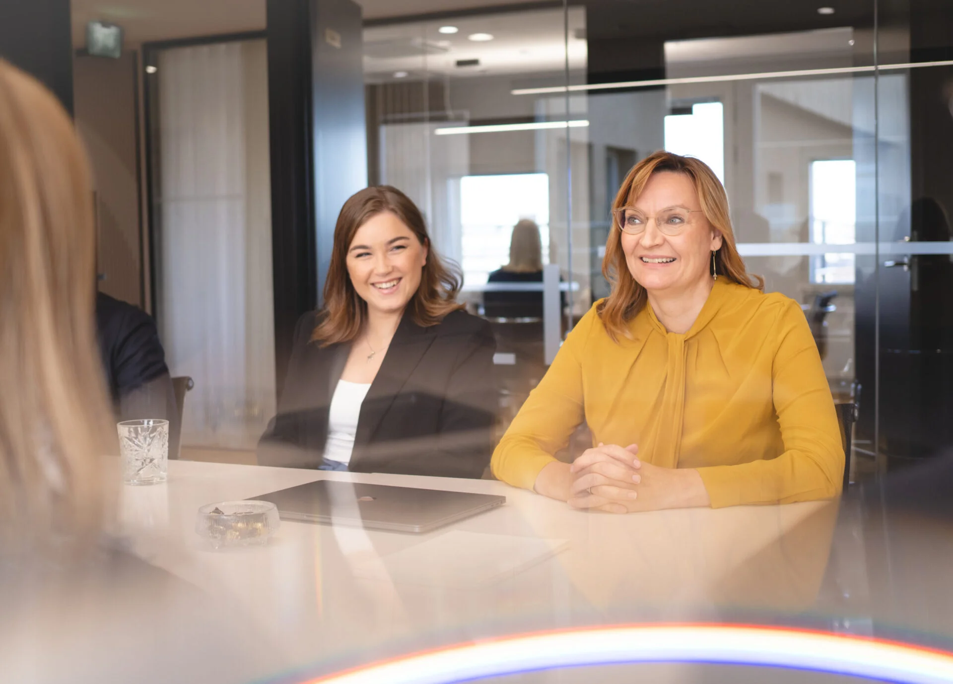 Partner and trainee smiling in a meeting room