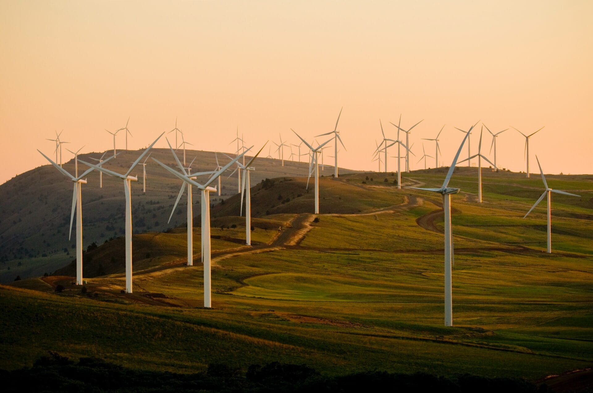 Wind power plants at sunrise generating clean energy